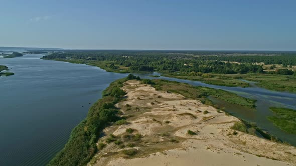 Aerial Drone Footage, Fly Over Sand Island on the River Dnipro