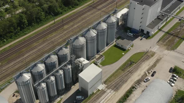 Large granary near the train tracks. A new built-in industrial grain elevator