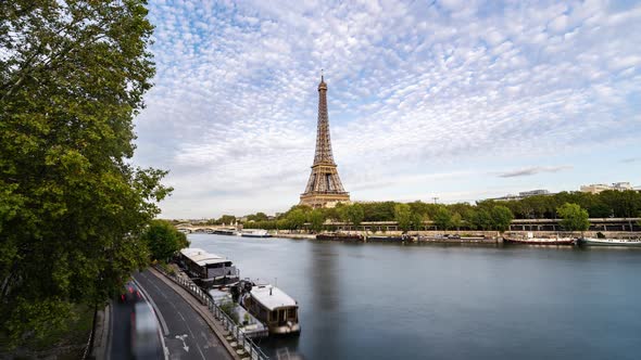 Paris, France, Timelapse - The Seine and the Eiffel Tower during the Day