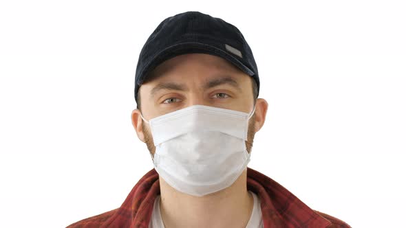 American Farmer Wearing the Protective Medical Mask Looking To Camera on White Background alt