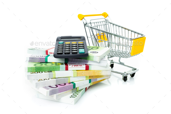 Shopping cart with euro. Cash and calculator. Concept of shopping for the best deal before buying.