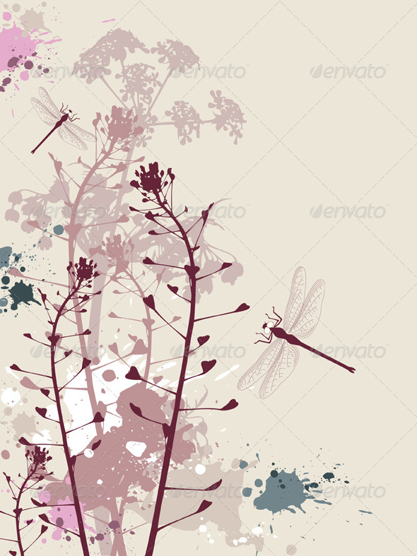Grunge Background with Flowers and Dragonfly - Flowers & Plants Nature