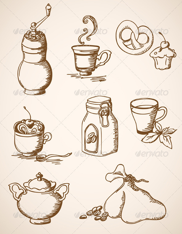 Hand Drawn Vintage Coffee Icons - Food Objects