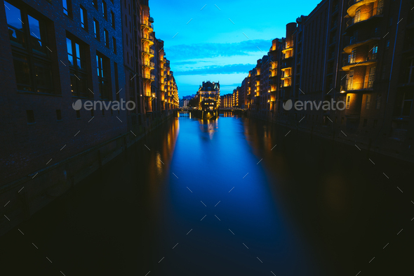 Wide perspective of Warehouse District - Speicherstadt in twilight. Blue hour. Tourism landmark of - Stock Photo - Images