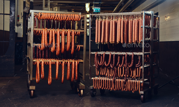 Sausages in the factory storage.