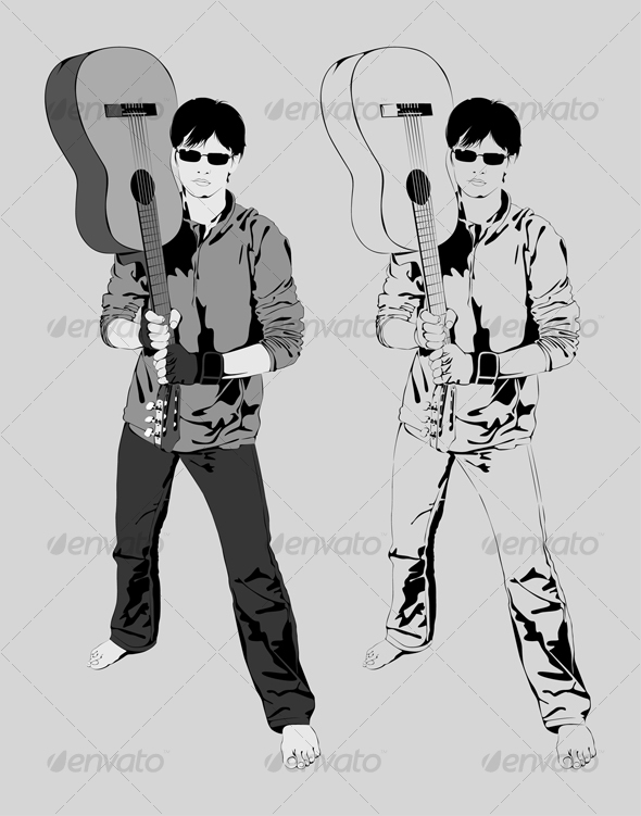 Vector Illustration Young Guy with a Guitar, Music - People Characters