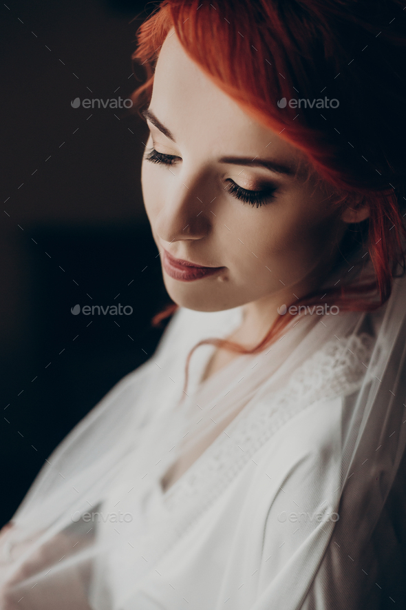 Stylish Bride In Silk Robe And Veil Posing Stock Photo By Sonyachny