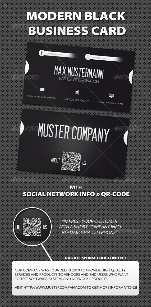Modern Black Business Card w/ QR-Code - Corporate Business Cards
