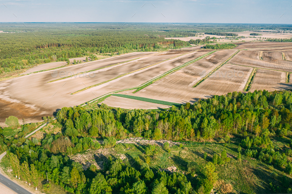 Aerial View Spring Empty Field With Windbreaks Landscape. Top View Of Field And Forest Belt. Drone