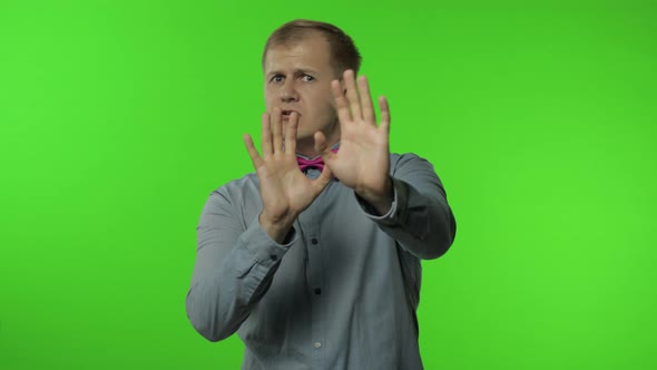 Scared Man with His Own Phobia, Raising Hands, Panicking Afraid To Look, Horror Event, Freaked Out alt