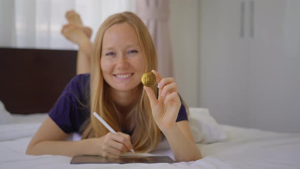 Woman Digital Artist Contemporary Painter Hold an NFT Coin in Her Hand alt