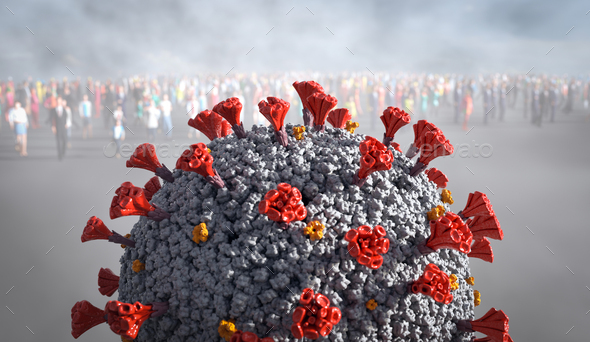 Coronavirus Covid-19 among crowd of people. Social distancing during pandemic. 3D illustration