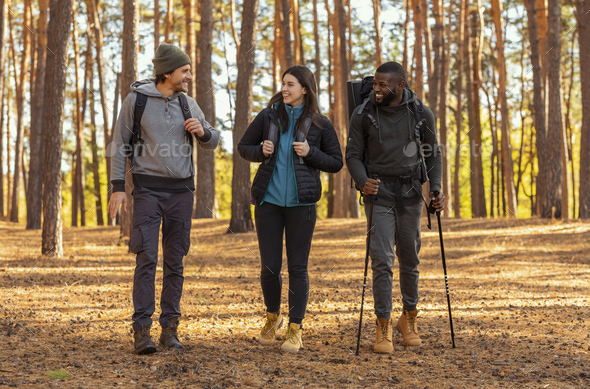 Cheerful international hikers having conversation and laughing while walking by forest