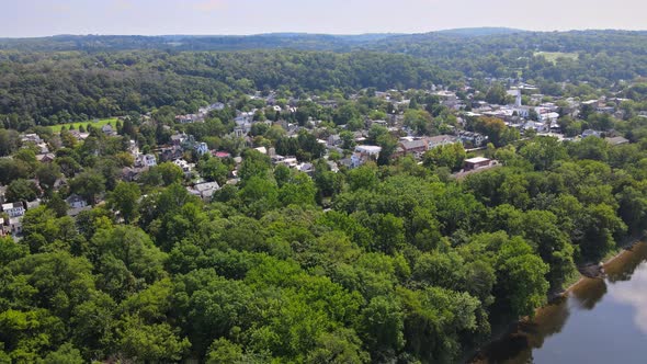 Overhead View of Delaware River Aerial Landscape of Small Town Lambertville New Jersey with Historic alt
