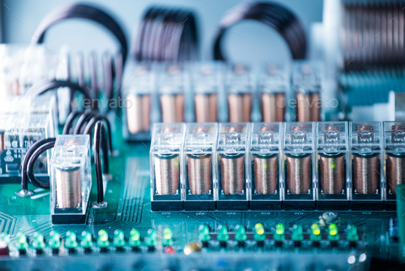 Large green microcircuit and luminous panels - Stock Photo - Images