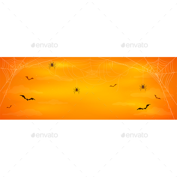 Halloween Banner with Spiders and Bats on Orange Background by losw