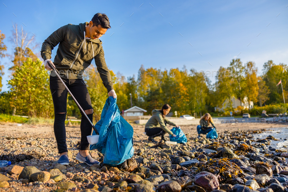 Man cleaning beach with volunteers on sunny day - Stock Photo - Images
