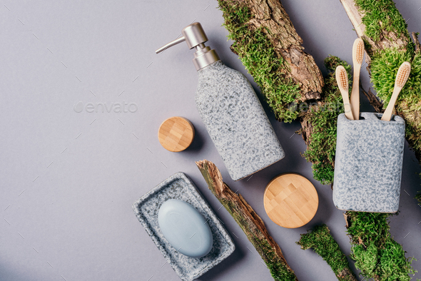 Zero waste, plastic free, sustainable concept. Bamboo bath accessories - soap dish, soap dispenser