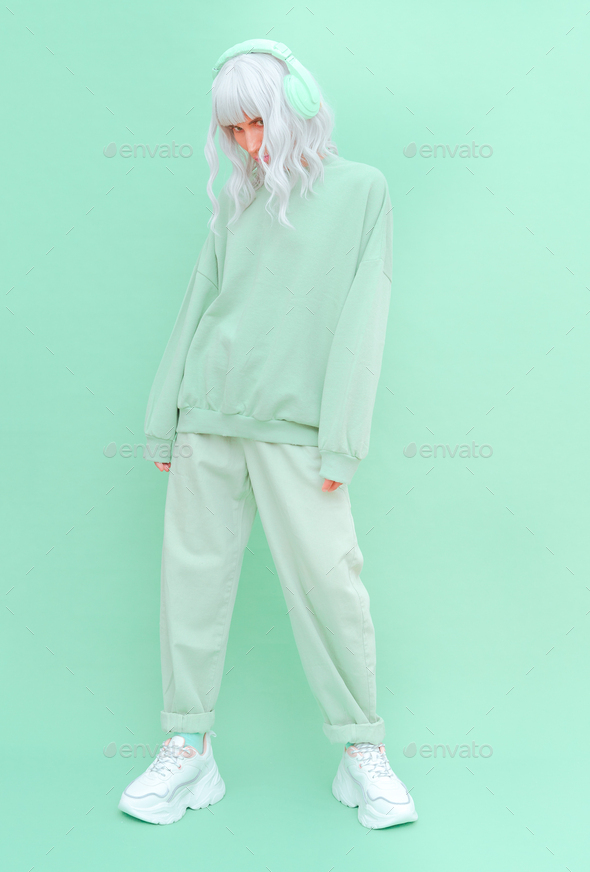 Fashion Dj Girl in Fresh Mint clothing. Minimal aesthetic monochrome design. Aqua menthe color