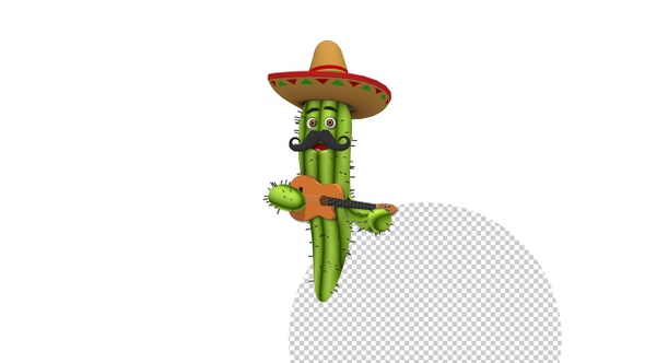 Cartoon Cactus In Sombrero Playing Guitar