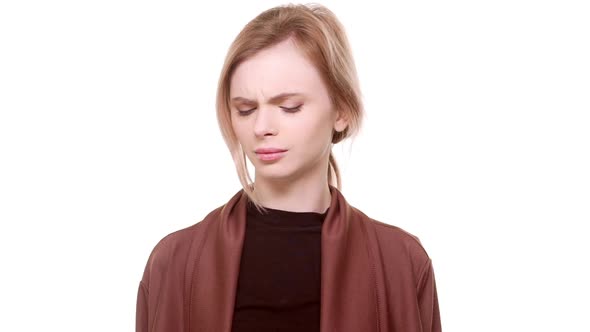 Firm Beautiful Caucasian Teenager Girl Standing on White Background Saying No and Making Refuse in alt