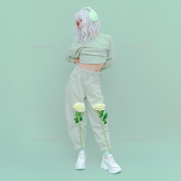 Fashion Dj vanilla Girl in Fresh Mint clothing. Minimal aesthetic monochrome design. Aqua menthe trend
