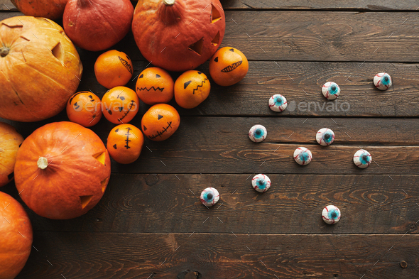 Jack O' Lanterns With Eyeballs Flat Lay - Stock Photo - Images