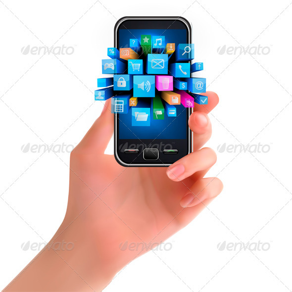Hand holding mobile phone with icons. Vector - Communications Technology
