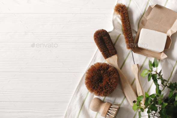 Eco natural coconut soap and brushes for washing dishes