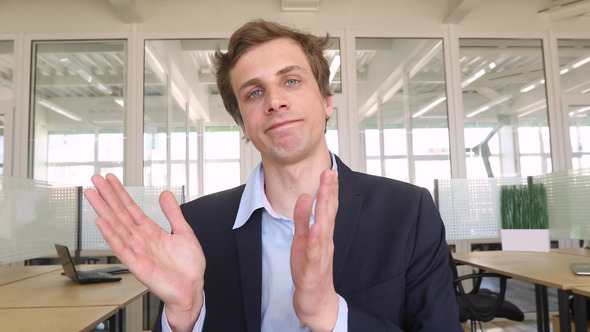 Portrait Applauding Clapping Man Sitting in Office alt