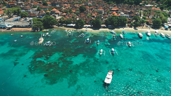 Aerial Flight over Crystal Ocean Harbor Bay - Stock Photo - Images