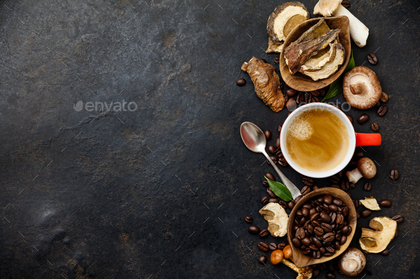Mushroom Chaga Coffee Superfood Trend-dry and fresh mushrooms and coffee beans on dark background - Stock Photo - Images