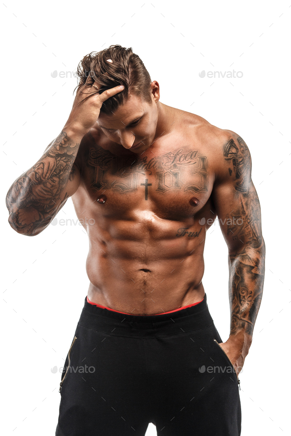 Muscular Young Man with Many Tattoos Stock Image  Image of adult jeans  27659573