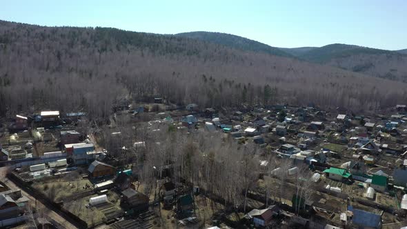 Country village and birch grove aerial view 