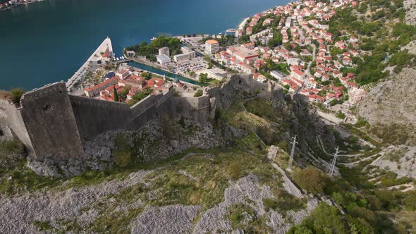 Aerial Shot of the Fortress St John San Giovanni Over the Old Town of Kotor the Famous Tourist Spot alt