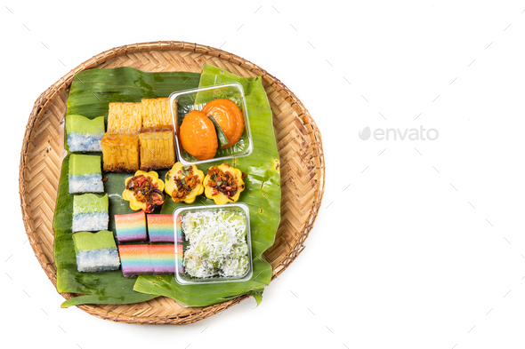 Overhead View Of Assorted Nyonya Kueh On Banana Leaf Rattan Tray Stock Photo By Thamkc