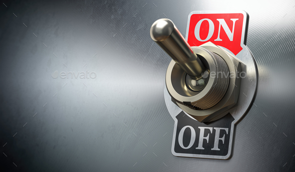 Retro toggle switch ON OFF on metal background.
