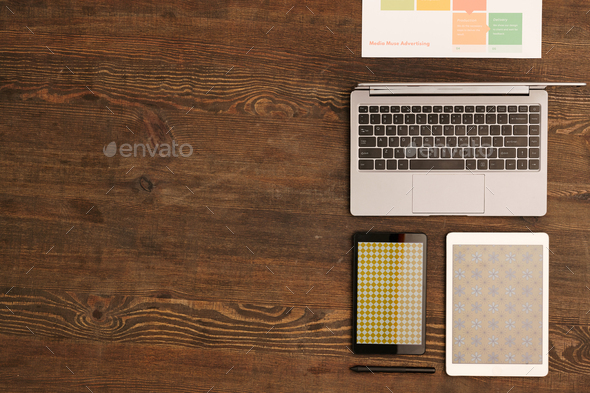 Overview of laptop, document with working points, smartphone and digital tablet - Stock Photo - Images