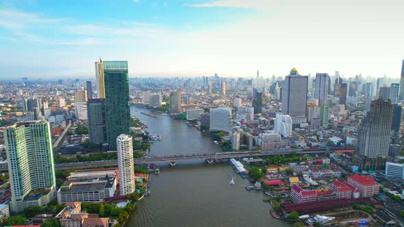 Aerial view over Bangkok city and Chao phraya river alt
