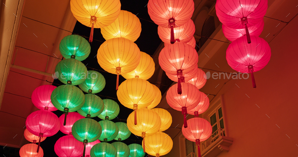 Lunar new year chinese lantern decoration at night - Stock Photo - Images