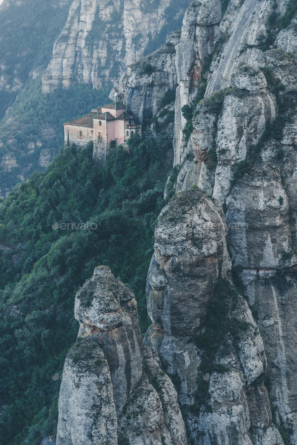 Montserrat Mountains and Church - Stock Photo - Images