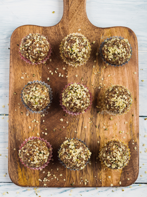 Energy protein balls with dates, hemp seeds - Stock Photo - Images