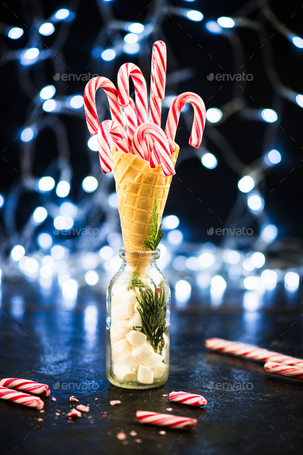Red Candy Canes in an Ice Cream Waffle Cone