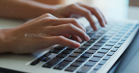 Woman type on laptop computer, work from home concept - Stock Photo - Images