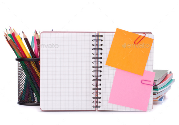 Blank checked notebook with notice papers - Stock Photo - Images