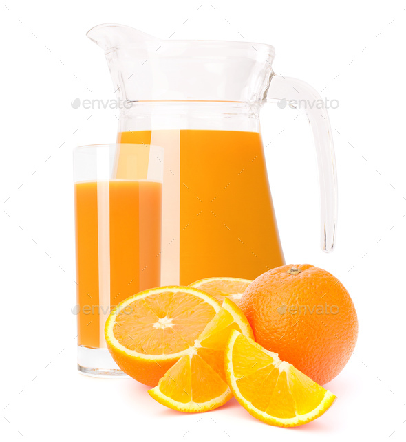 Glass jug with fresh orange juice on white background Stock Photo