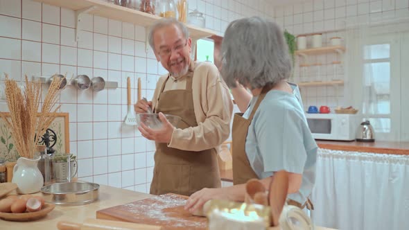 Asian Senior elderly couple cooking foods, enjoy retirement life together in kitchen at home. alt