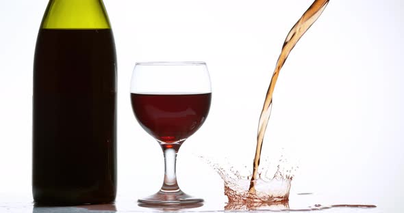 Red Wine being poured near a Glass, against White Background, Slow motion 4K