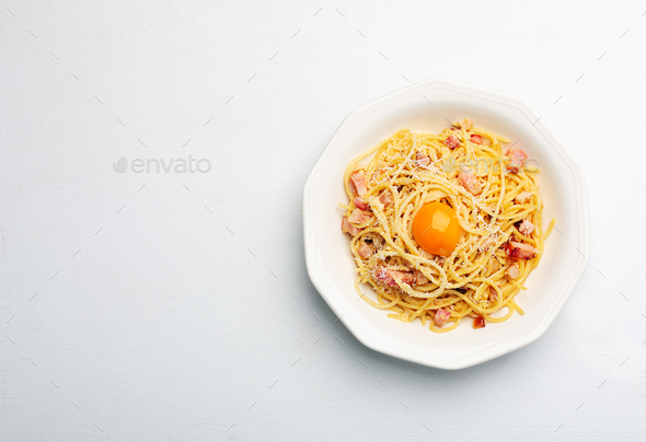 Italian Pasta Carbonara Made With Egg Hard Cheese Cured Pork Guanciale Or Pancetta Stock Photo By Civil