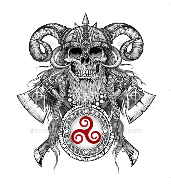 Skull Viking Boss Shield Illustration, Stretched Canvas